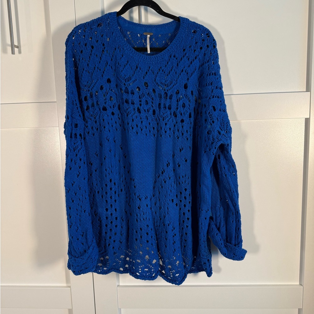 Free People Royal Blue Open-Knit Crew Neck Sweater